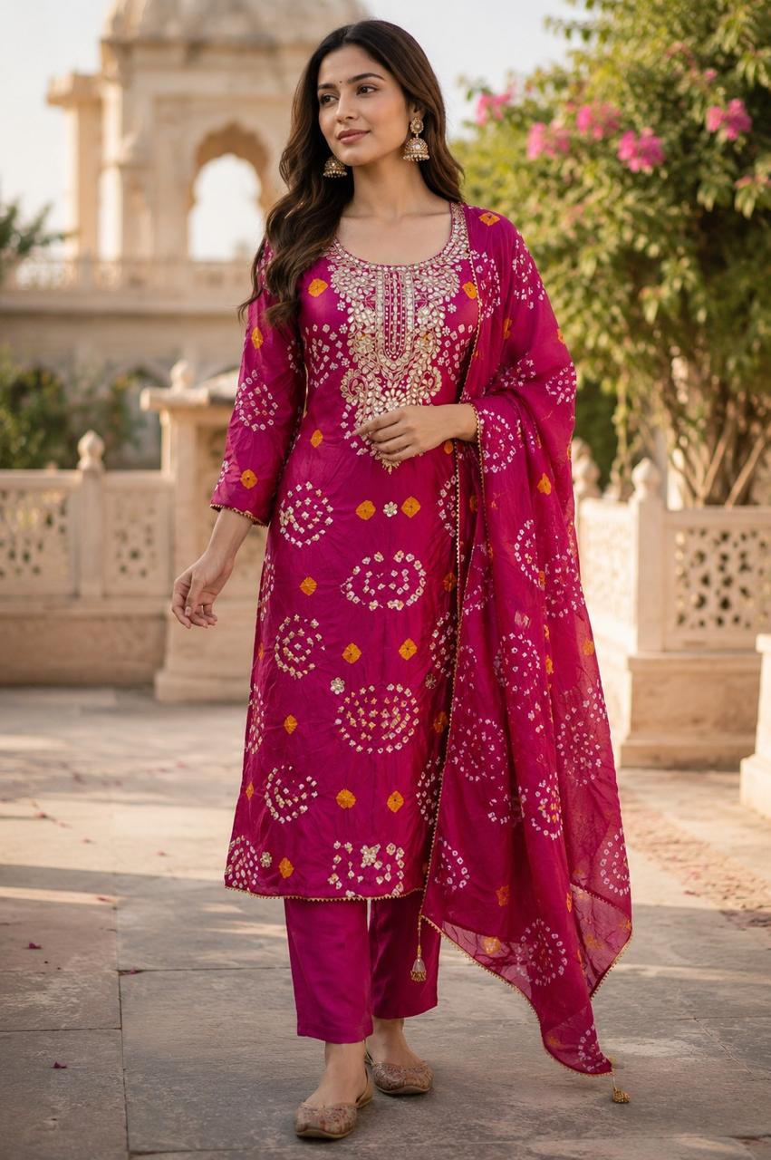 Pretty pink gotta detailing silk bandhani pink suit set
