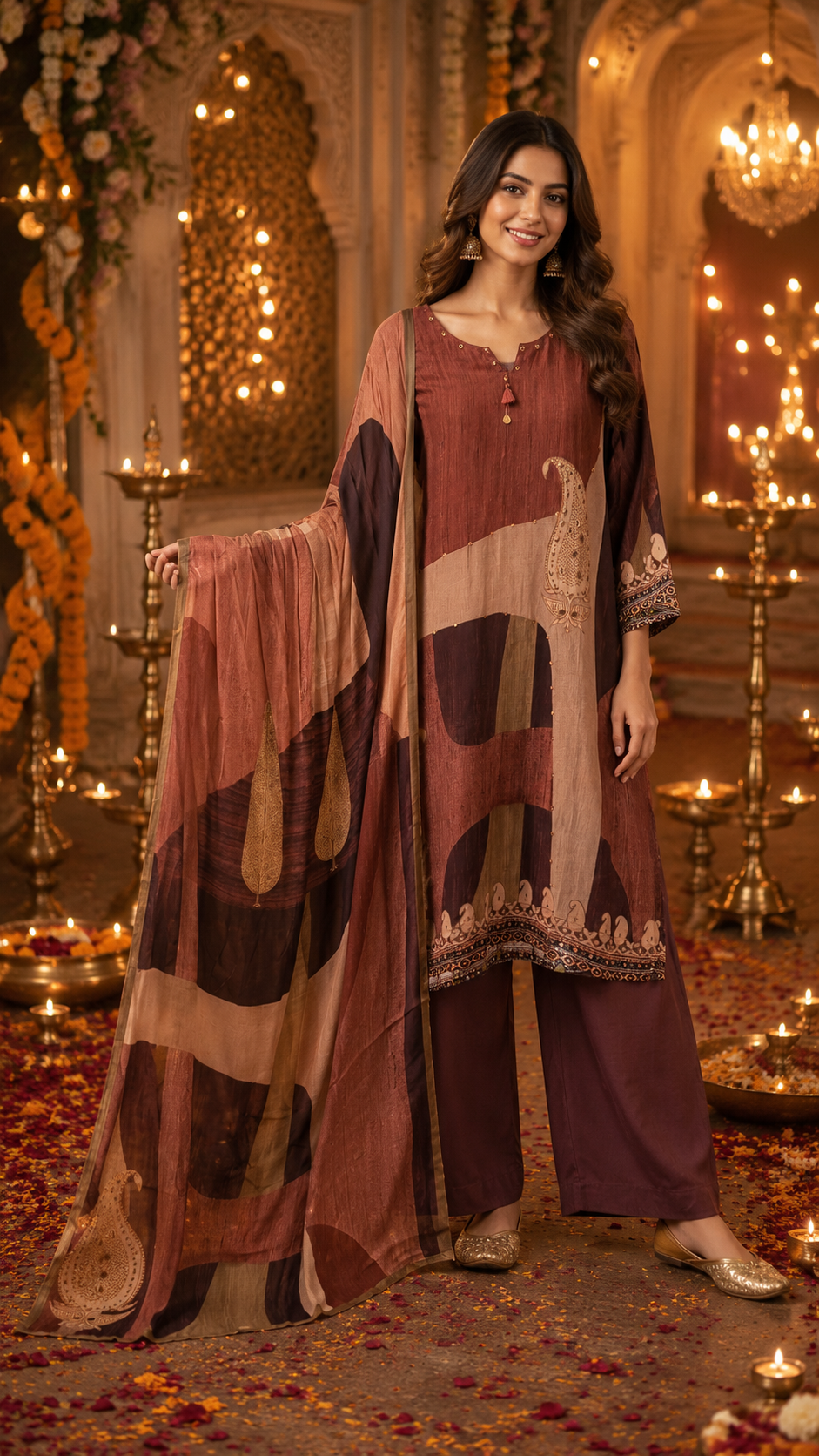 Premium crepe silk digital printed suit set in brown