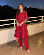 Festive co ord with real mirror and ajrakh detailing farshi salwar in red