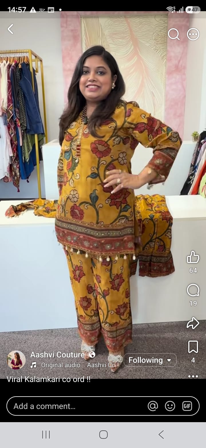 Pure crepe Kalamkari co ord set in Mustard Yellow
