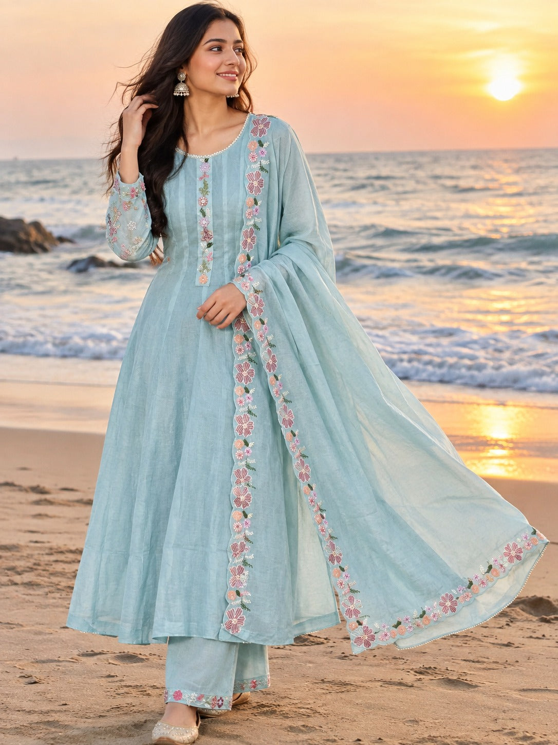 Pretty blue chanderi handwork Anarkali suit set in blue