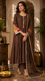 Pretty Mul chanderi full suit with beautiful handwork in brown
