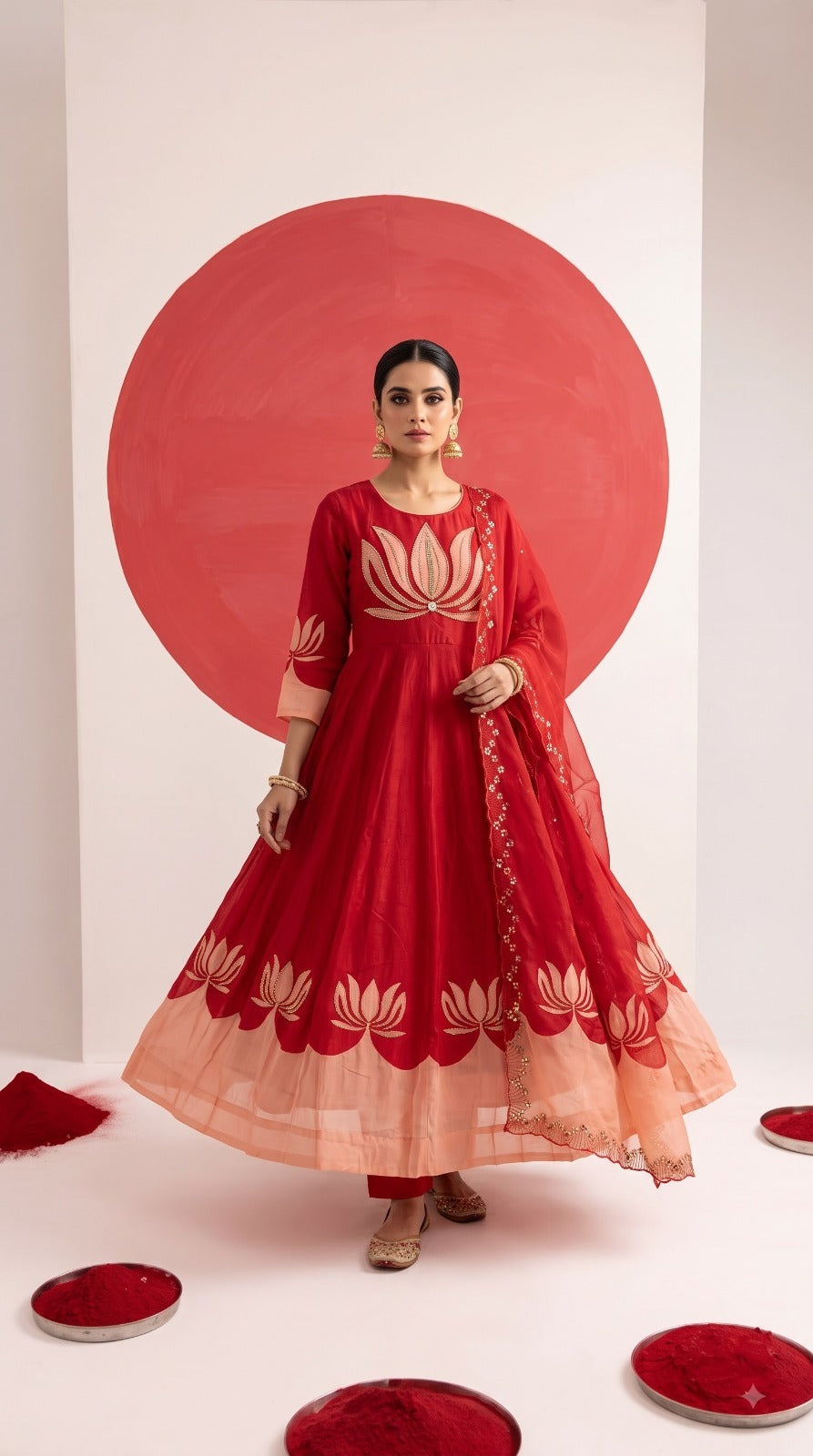Premium chinon designer zardosi handwork Anarkali suit set in red n pink