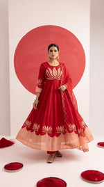 Premium chinon designer zardosi handwork Anarkali suit set in red n pink