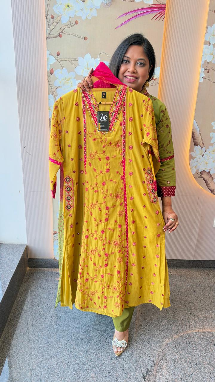 Pretty fully embroidered Mul chanderi suit in yellow