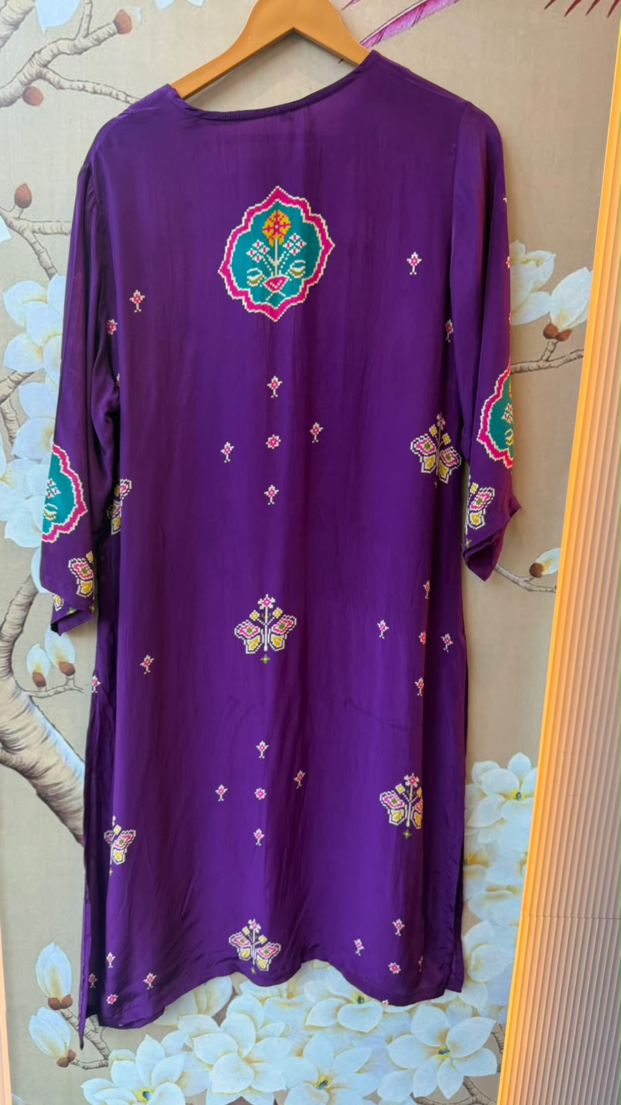 Pure crepe Patola print in contrast suit set in purple