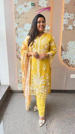 Cotton chanderi Hakuba lining suit set in yellow with lace detailing