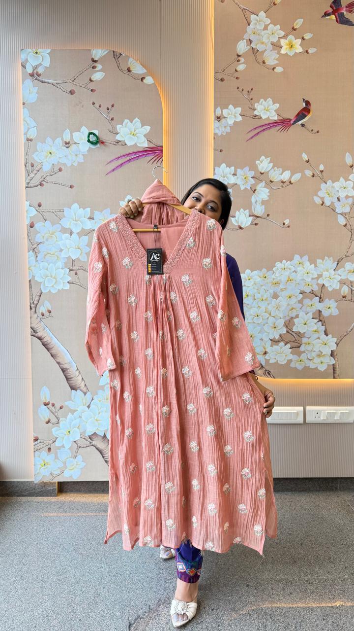Favourite is restocked in your favourite blush pink colour! Fully embroidered Mul chanderi suit set