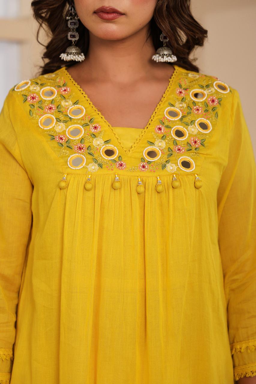 Pure Mul cotton real mirror full suit set in yellow