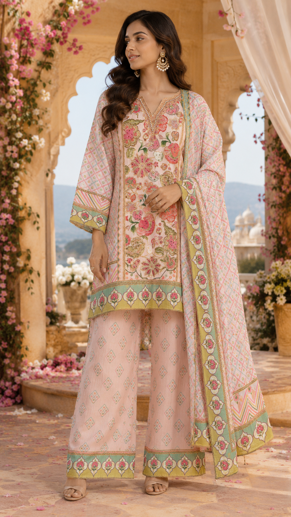 Pure chinon with beautiful pearl and zari detailing plazzo suit set in pink