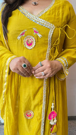 Premium Mul chanderi angrakha pattern gotta detailing suit set in yellow