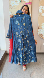 Fully embroidered pure Mul cotton suit set in blue