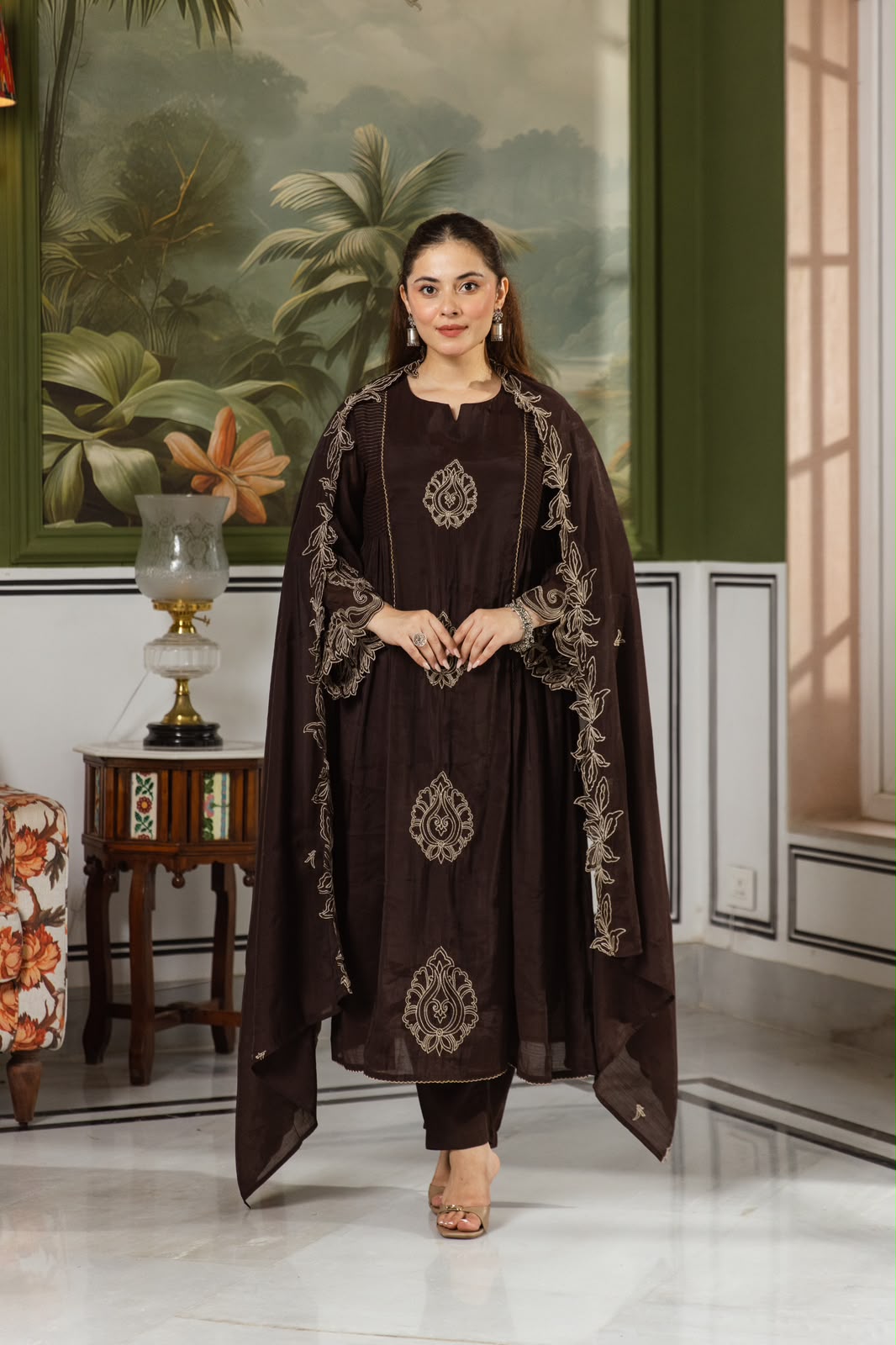Brown Mul chanderi applique embroidered suit set in brown