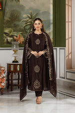 Brown Mul chanderi applique embroidered suit set in brown