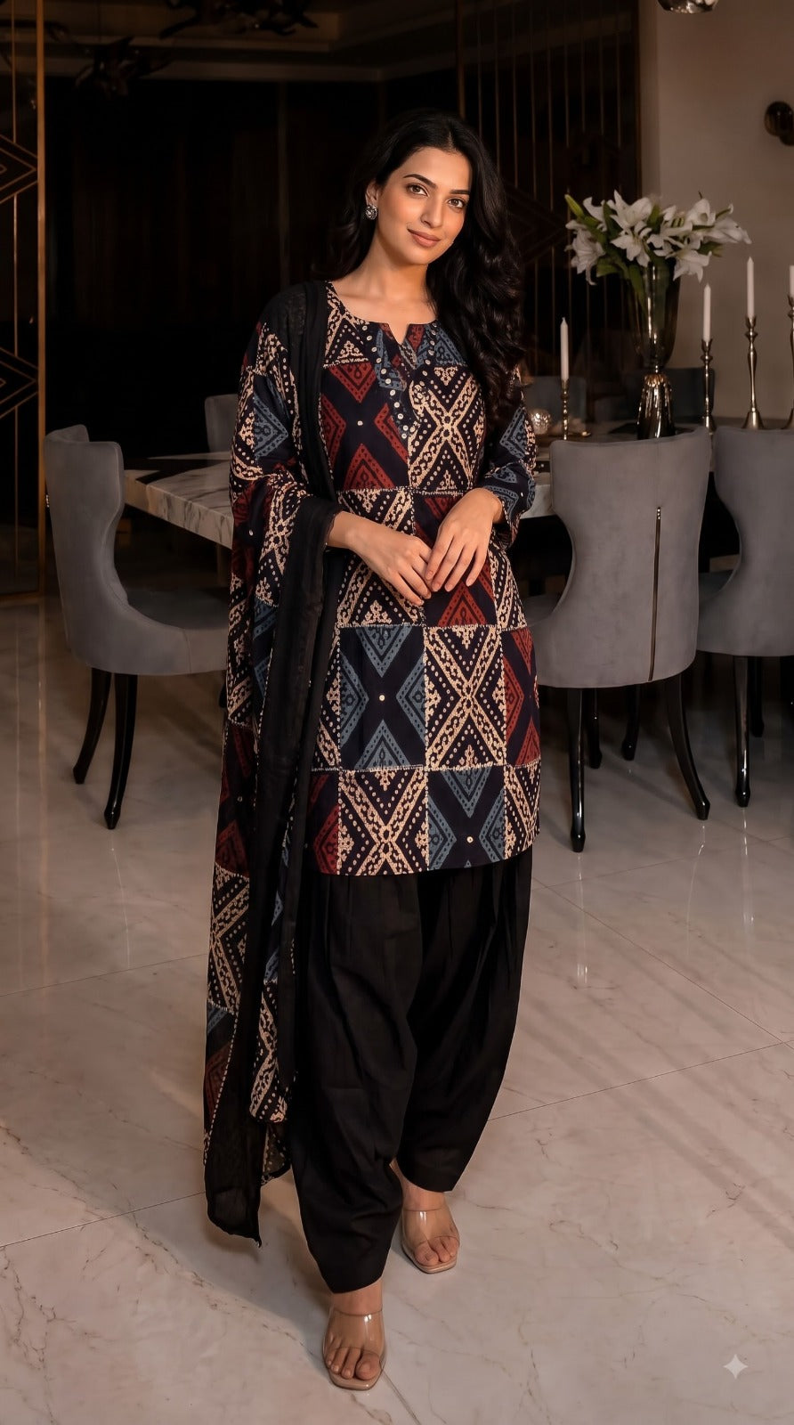 Super pretty real mirror detailing farshi salwar suit set in black