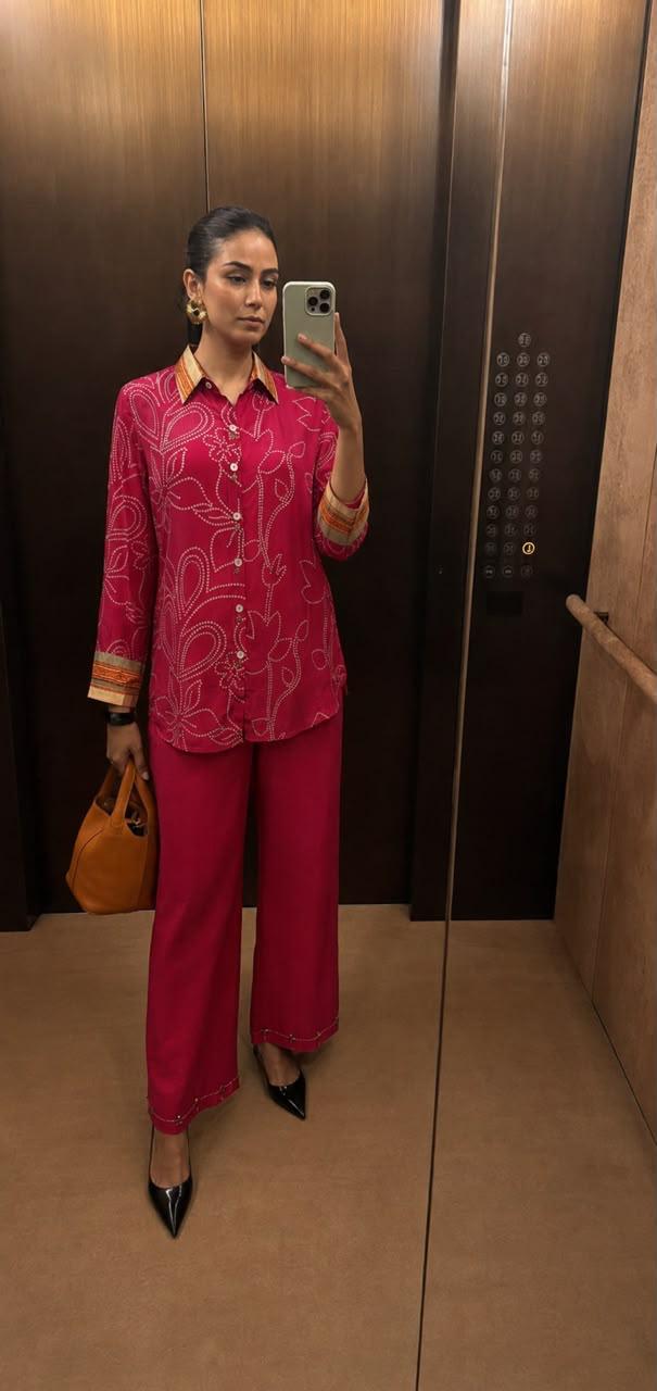 Pure crepe bandhani with designer back co ord in Rani pink