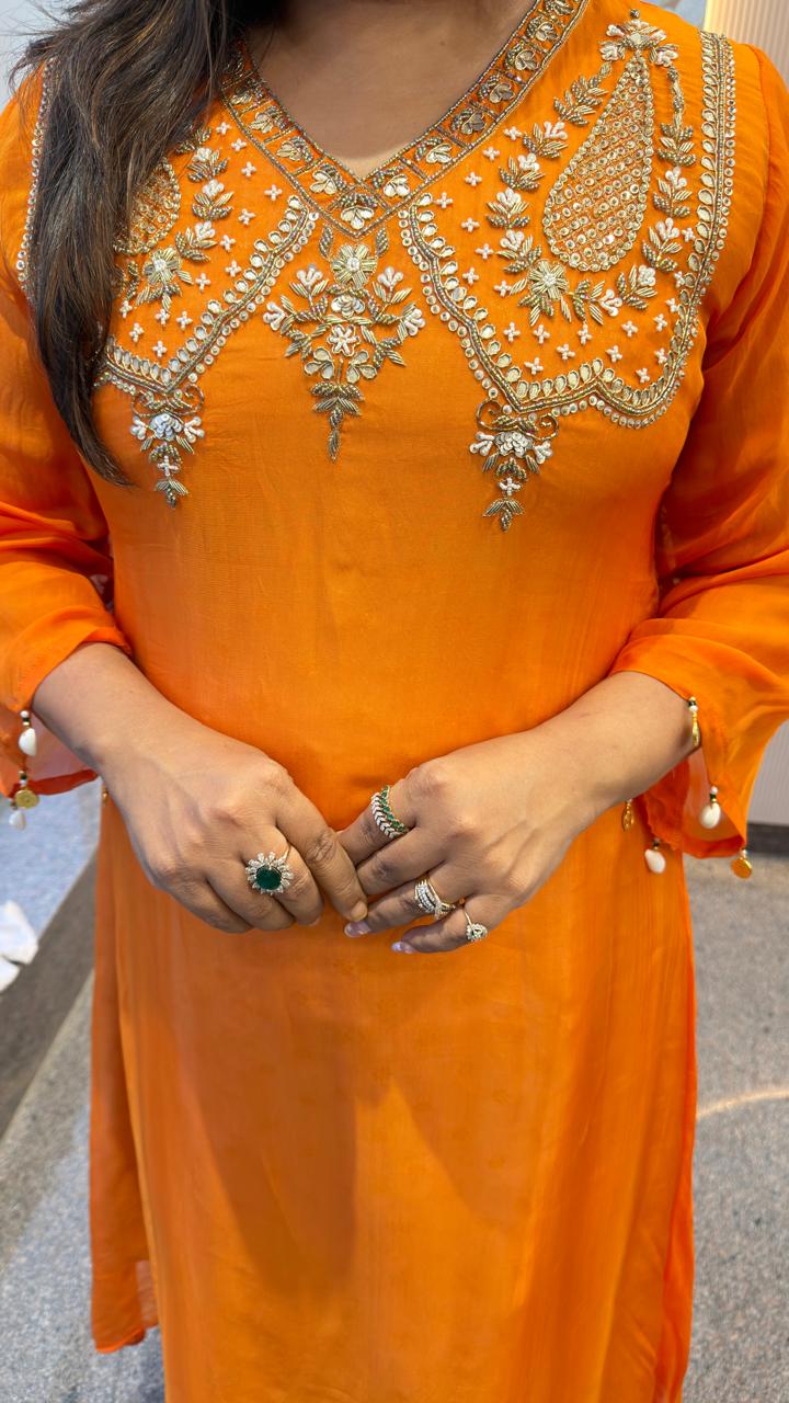 Pure orgenza with pretty handwork kurta pant in orange comes with Banarasi inner