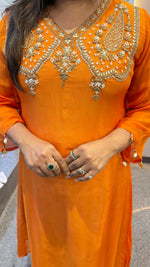 Pure orgenza with pretty handwork kurta pant in orange comes with Banarasi inner