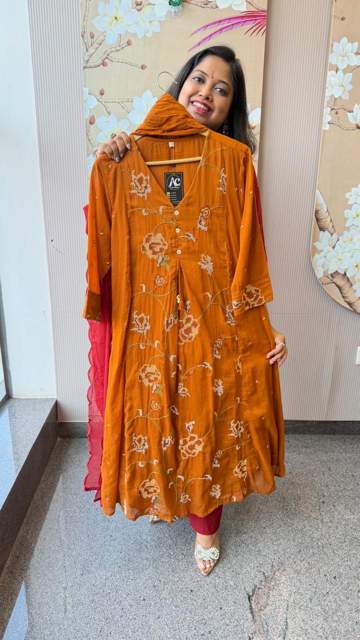 Fully embroidered pure Mul cotton suit set in brown