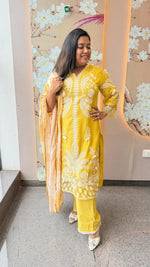 Cotton chanderi Hakuba lining suit set in yellow with lace detailing