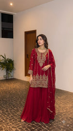 Royal Premium glass tissue handwork plaazo suit in red