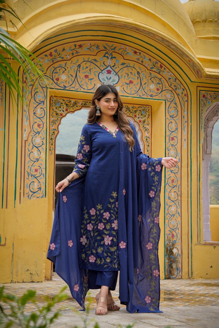 Gorgeous applique work Mul cotton lining full suit set