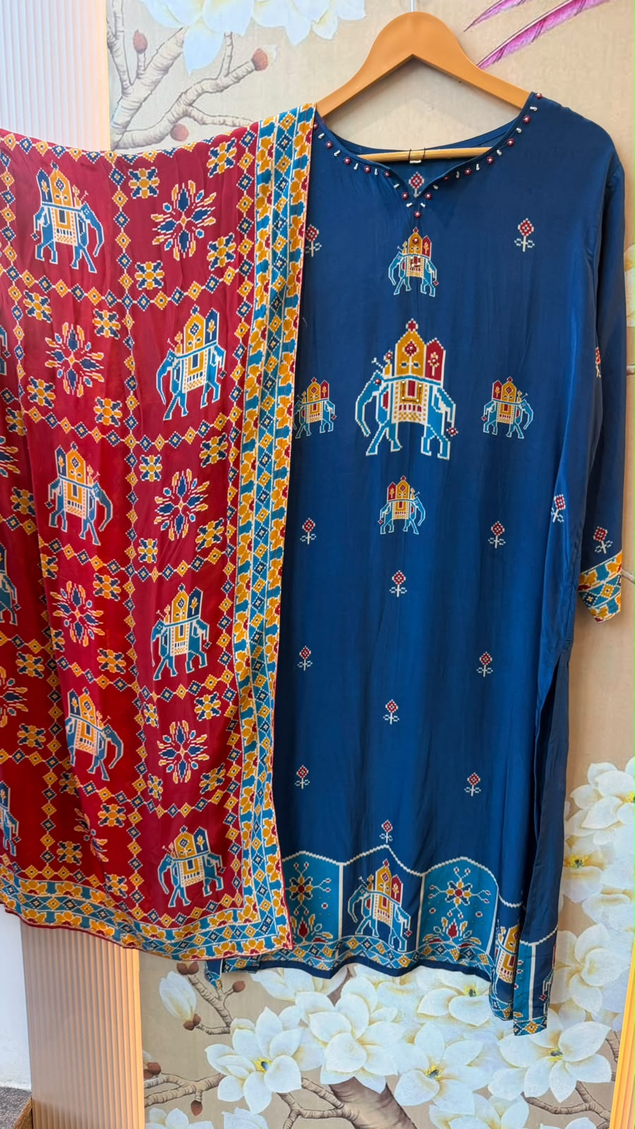 Pure crepe Patola print in contrast suit set in blue n red