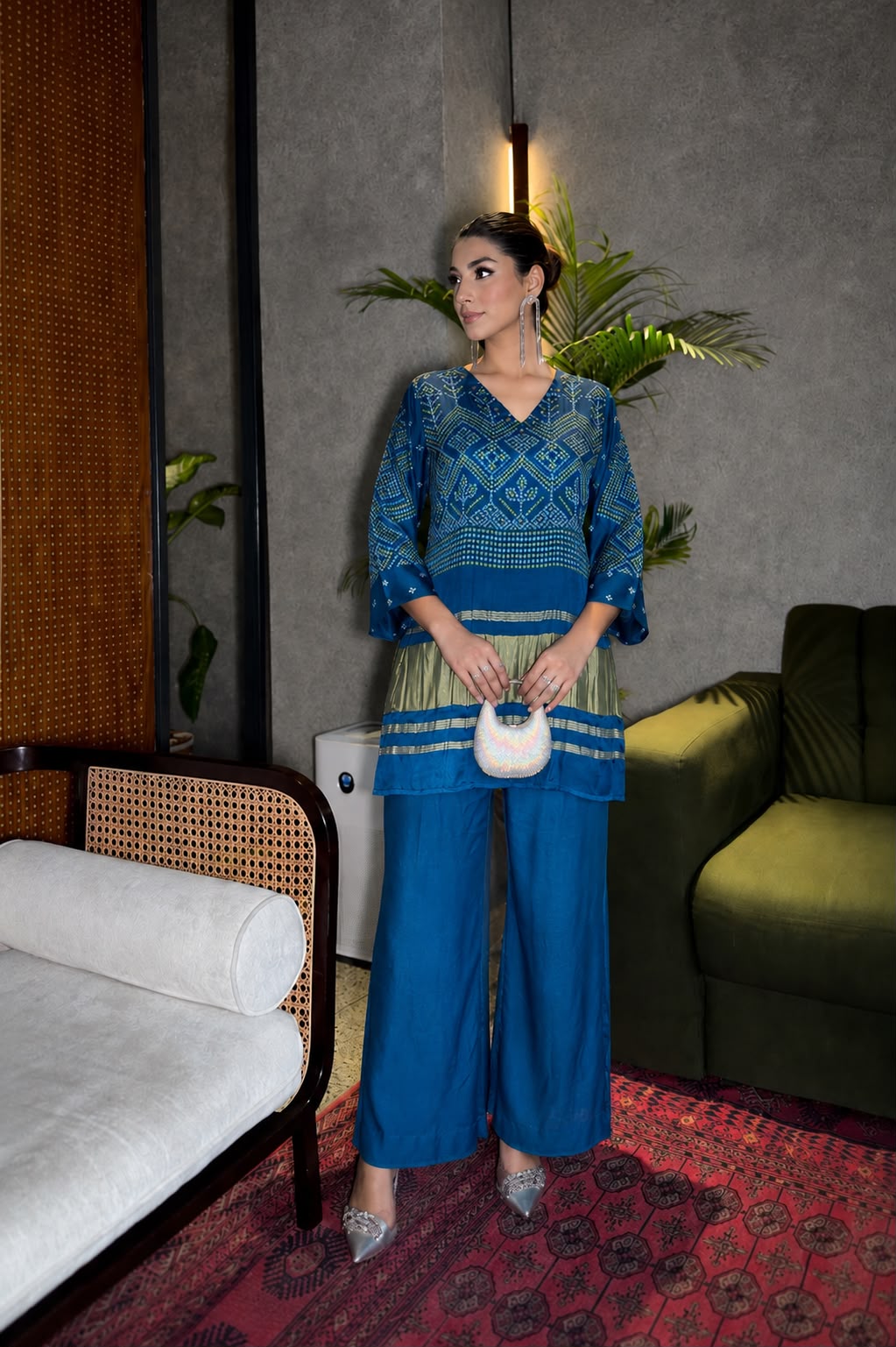 Pure gaji silk with lakhri patta co ord set in blue