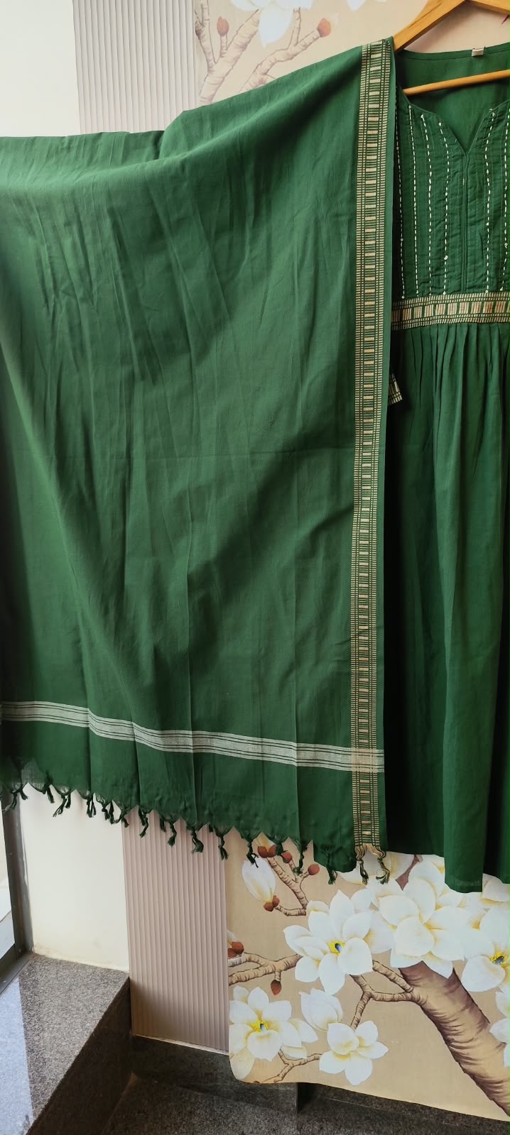Handloom cotton katha detailing full suit set in green
