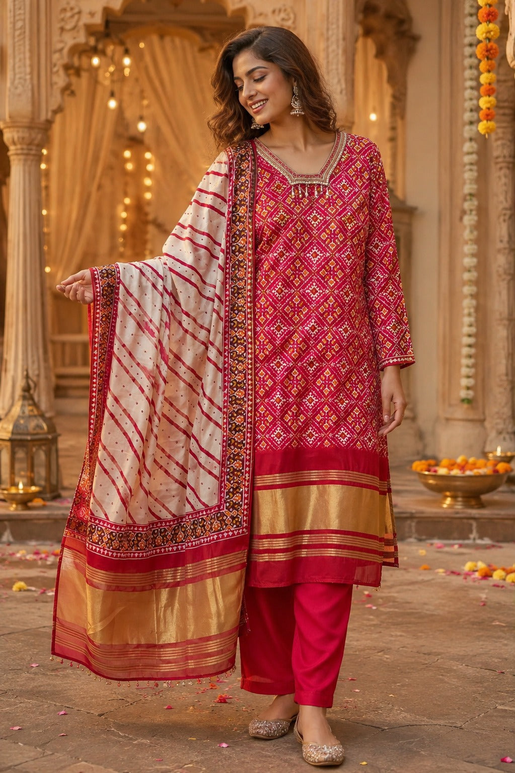 Russia silk lakri patta mul lining suit set in red ( true to size )
