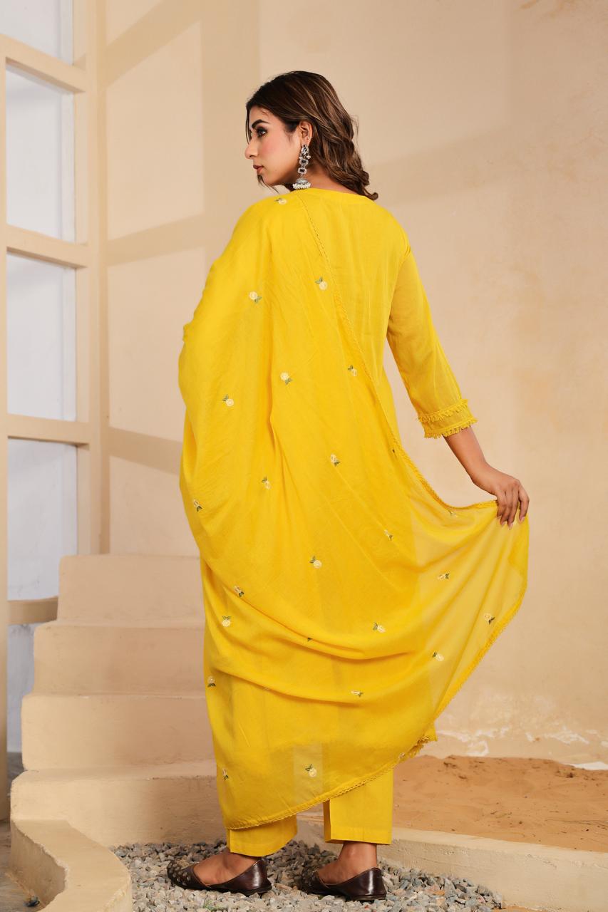 Pure Mul cotton real mirror full suit set in yellow
