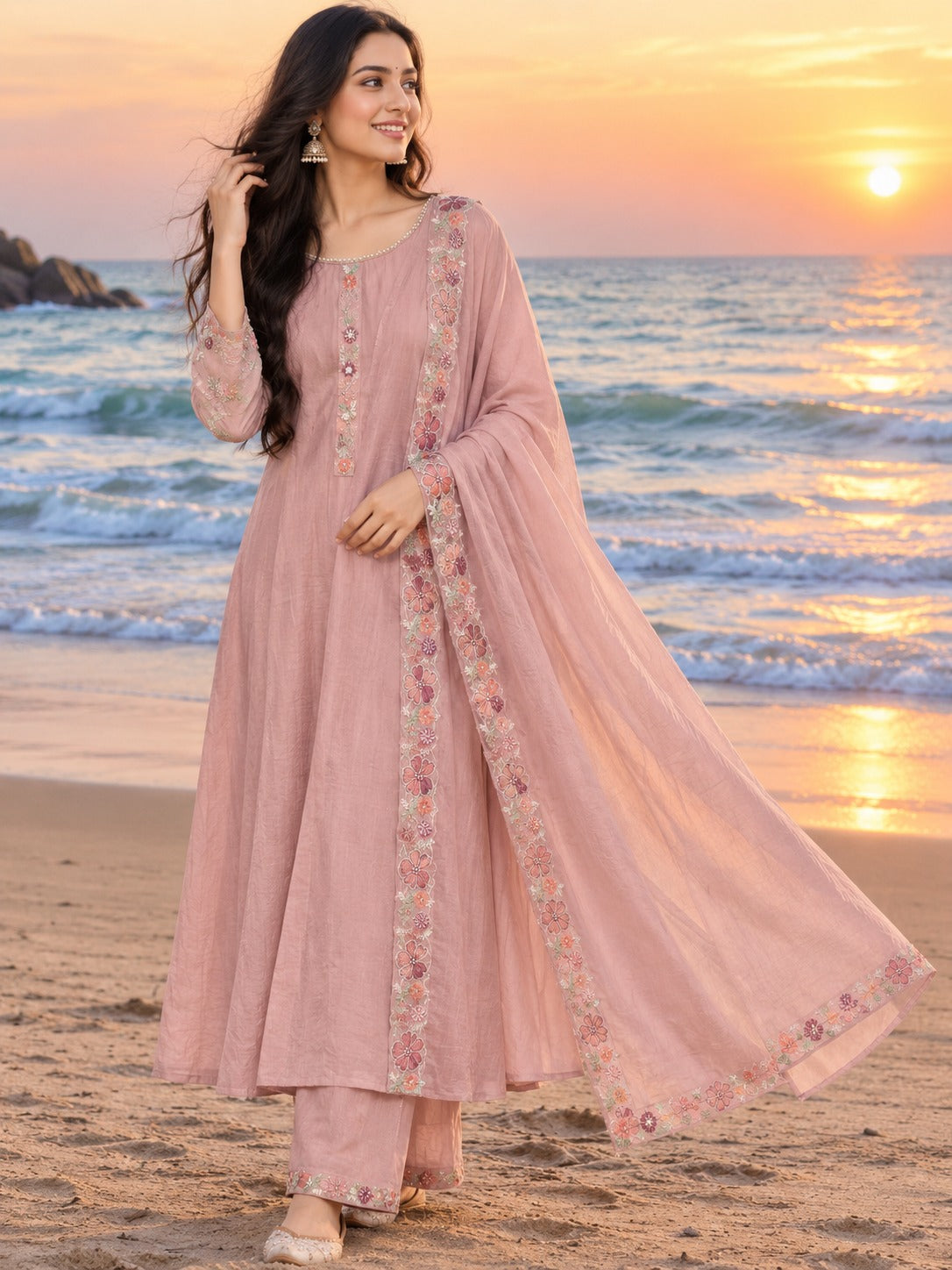 Pretty blue chanderi handwork Anarkali suit set in pink