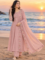 Pretty blue chanderi handwork Anarkali suit set in pink