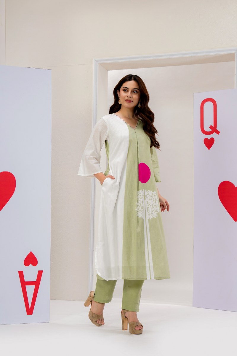 Designer premium cotton lining kurta pant in green