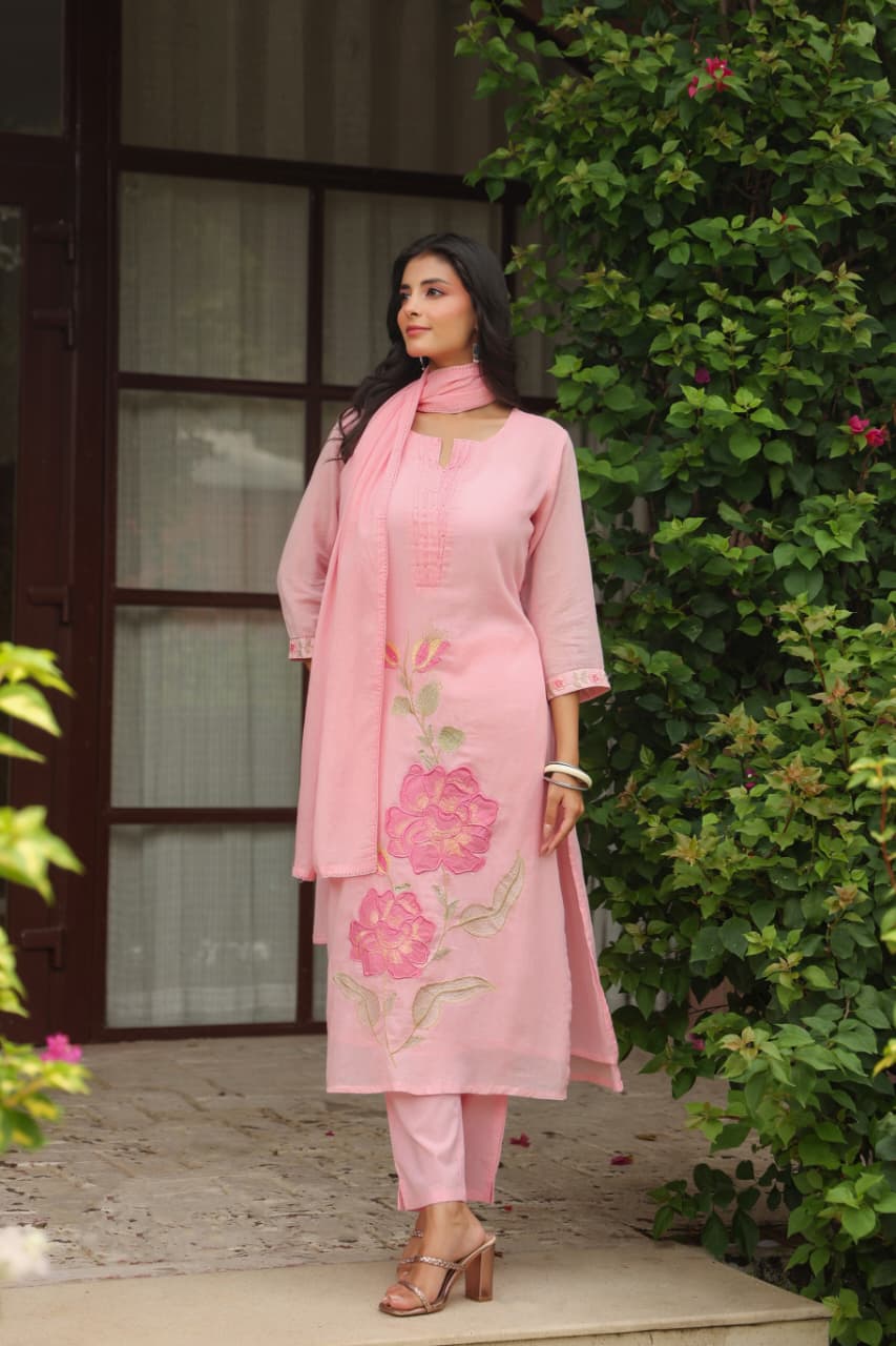 Pure Mul cotton applique work full suit set in pink