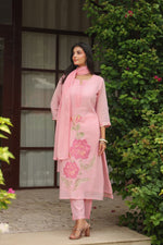 Pure Mul cotton applique work full suit set in pink