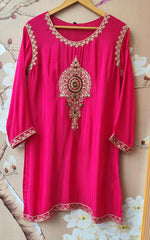 Premium chinon beautiful handwork all over in Rani pink