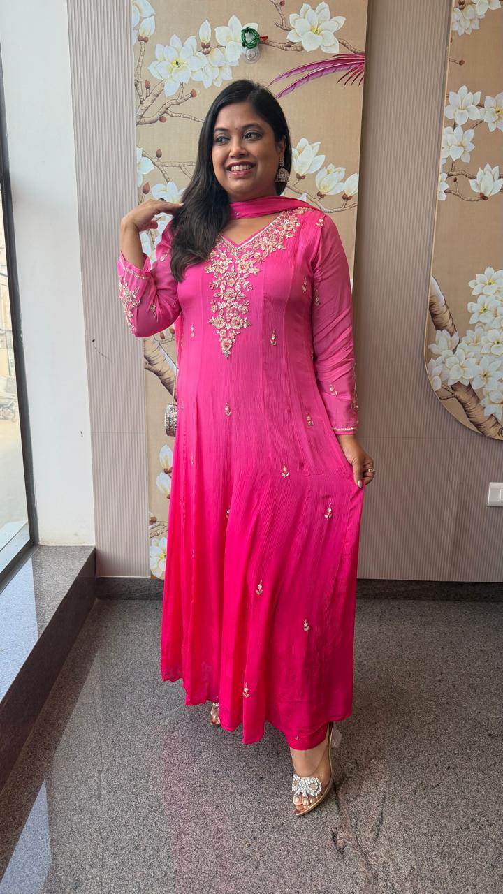 Restocked! Pure chinon ombre full handwork gorgeous Anarkali suit set in pink! Dispatch on Monday