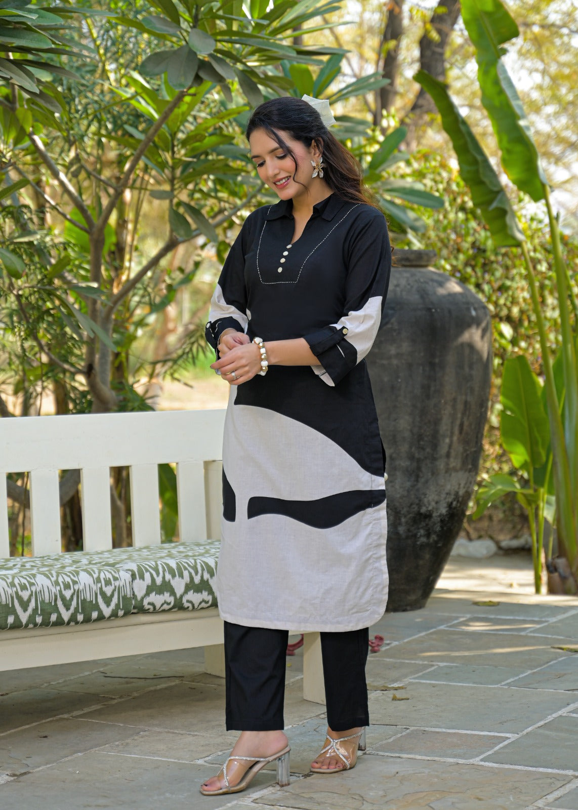 Pure cotton digital print kurta pant in black