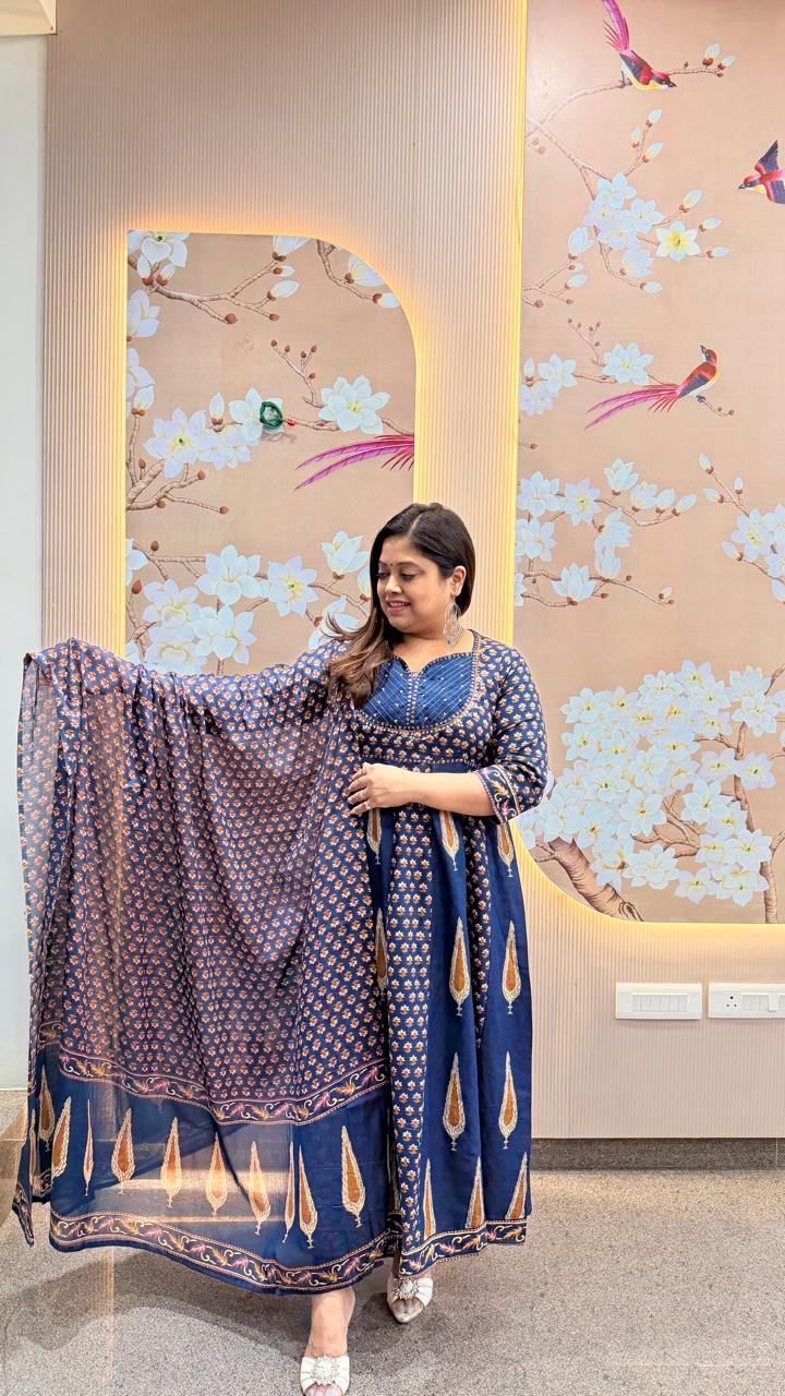 Pure cotton designer Anarkali suit set in blue