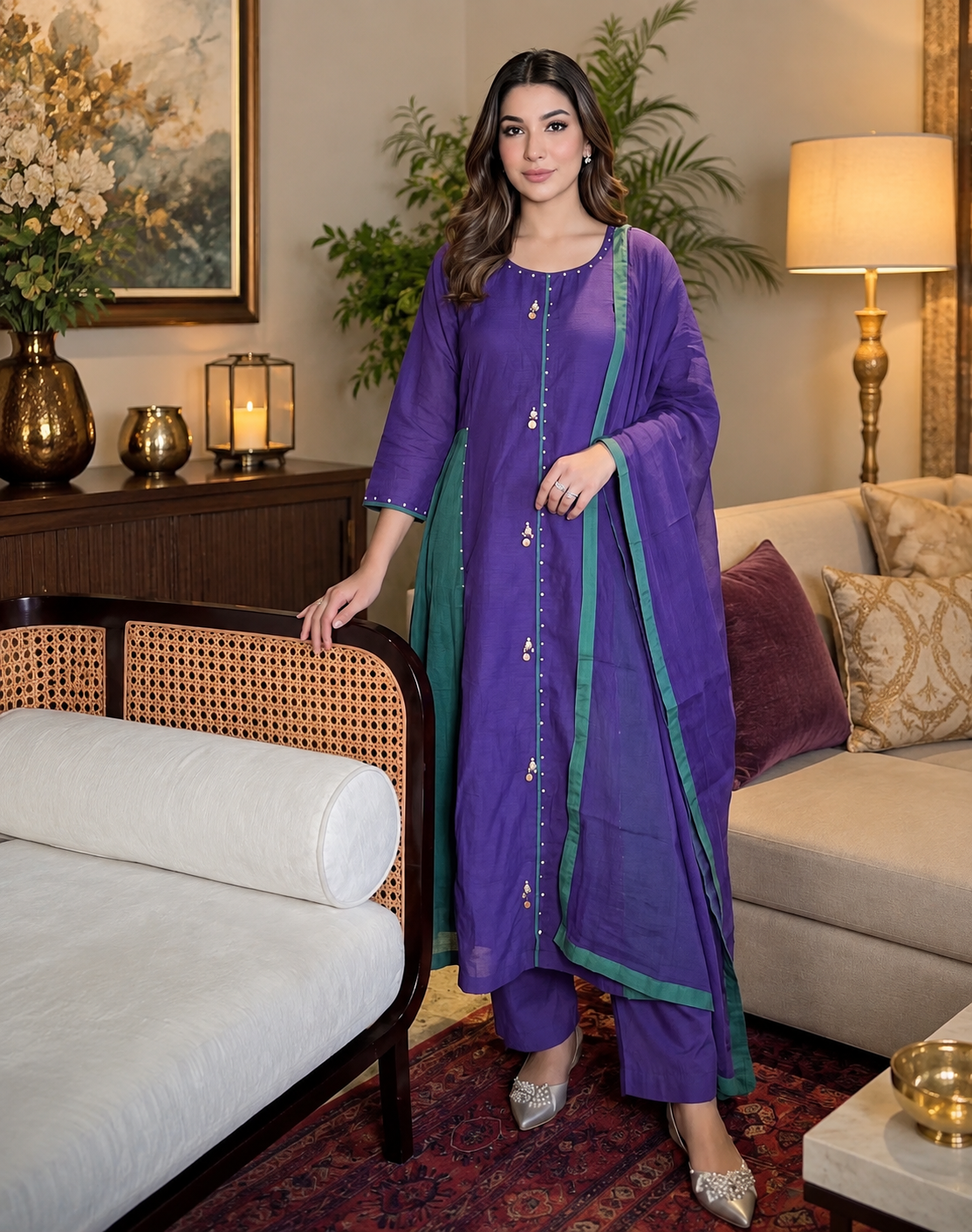 Premium pure Banarasi mul chanderi with lining and bead work in purple