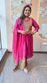 Pure Banarasi Mul chanderi in rani pink with super gorgeous handwork suit set
