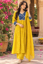 Premium crepe silk zari detailing and brocade highlight suit set in yellow