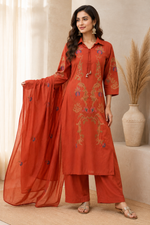Pure cotton embroidered suit set in orange
