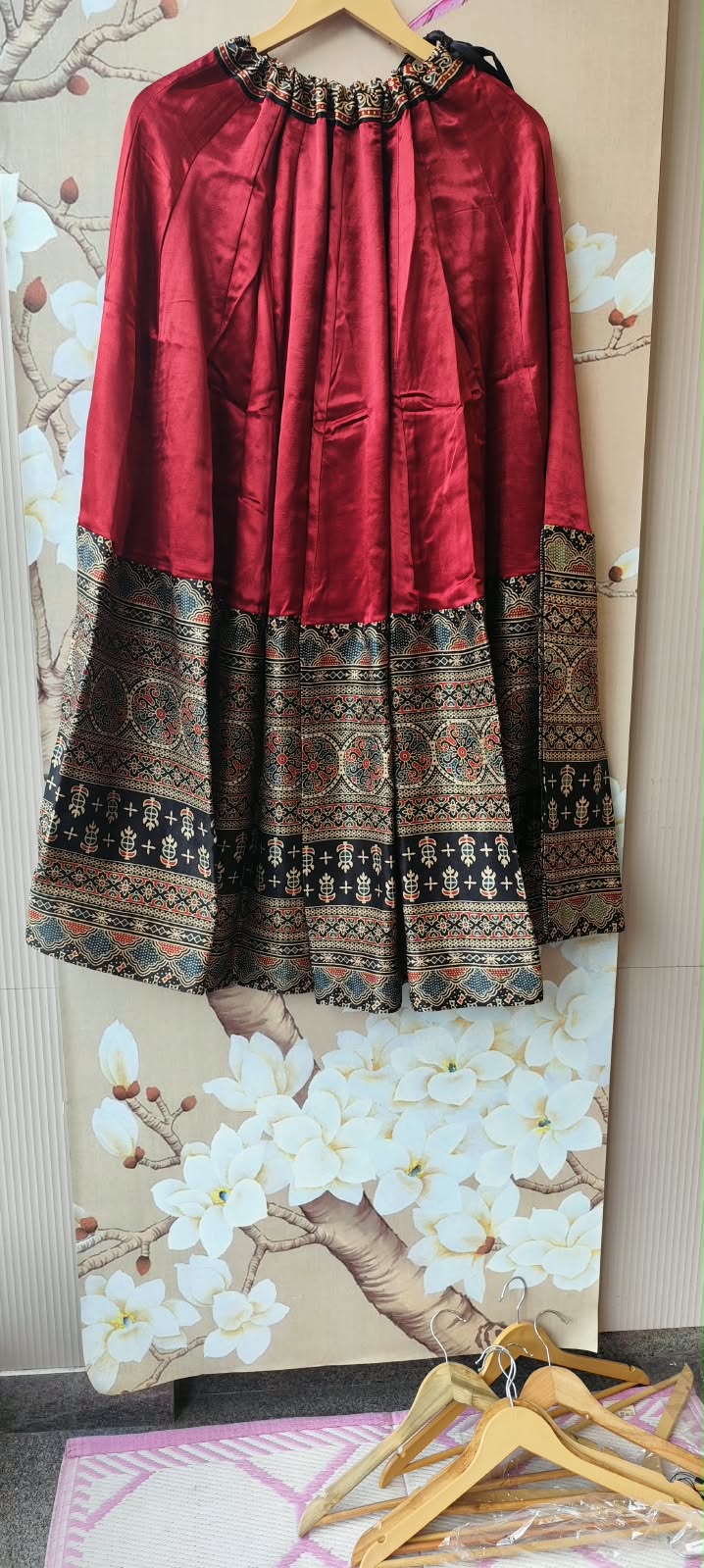 Gaji silk real mirror Kalamkari skirt in red