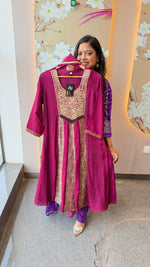 Premium dola silk with brocade with zardosi handwork full suit set in wine