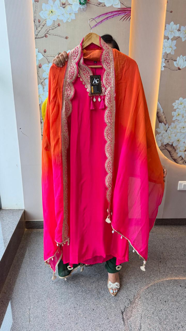 Premium pure crepe zari detailing full suit set( slim fit margin available) in pink