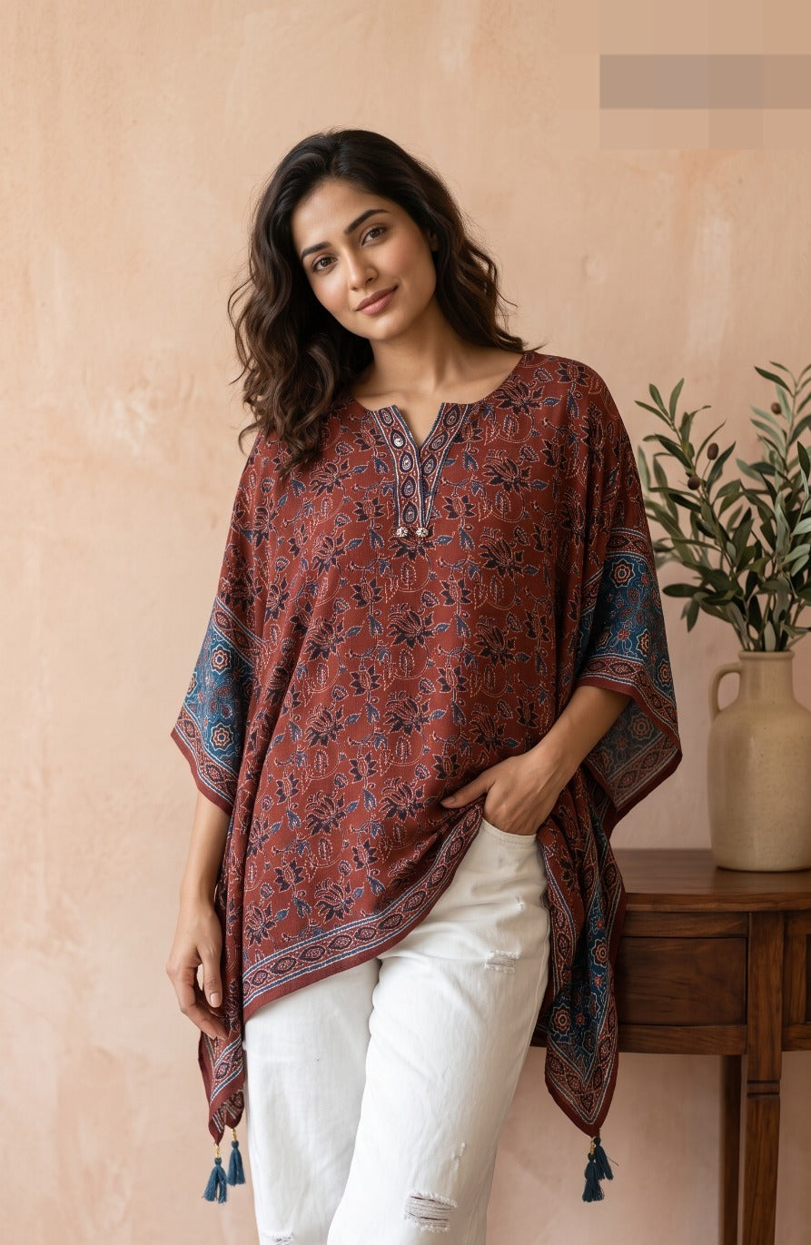 Pure crepe ajrakh kaftan top in red