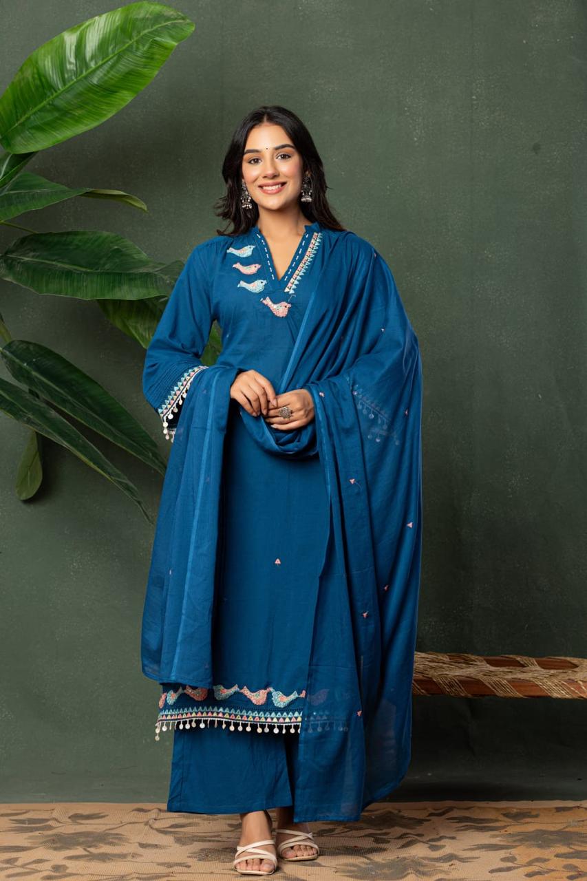 Premium cotton designer pocket with pretty embroidery suit set in blue