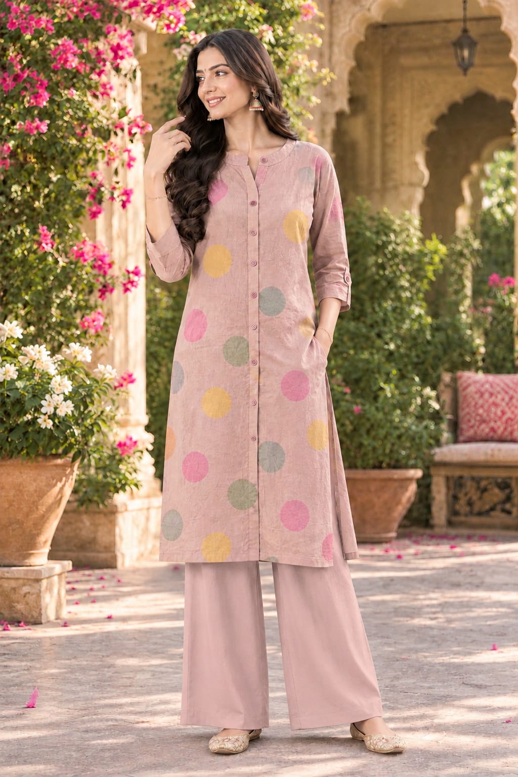 Pretty applique Mul chanderi Co ord in onion pink